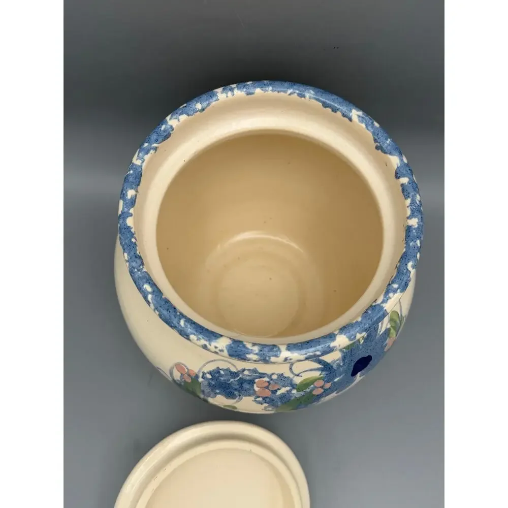 East Texas Pottery Lidded Crock Blue Floral Heart Wreath Spongeware Handmade